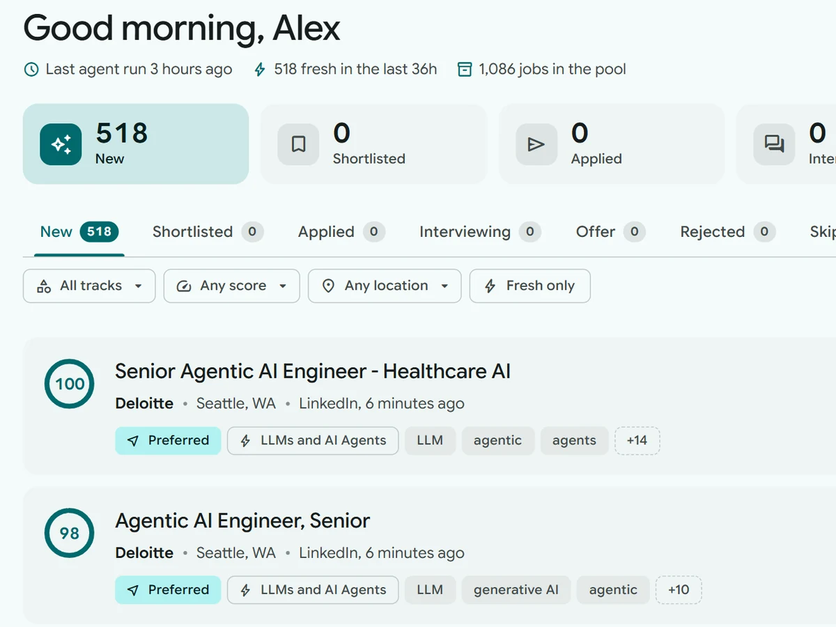 Dashboard of ranked job matches with scores