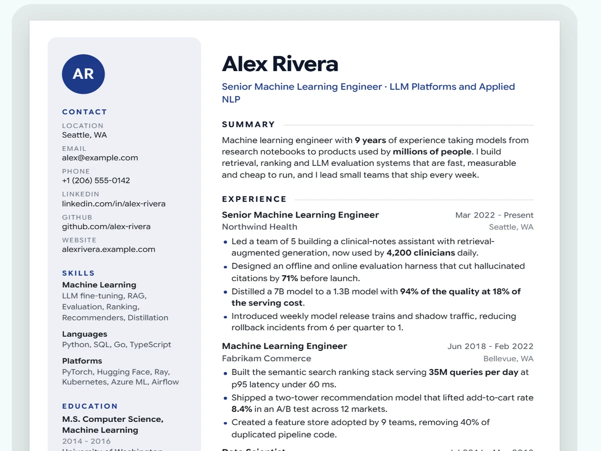 Resume builder preview of a tailored resume